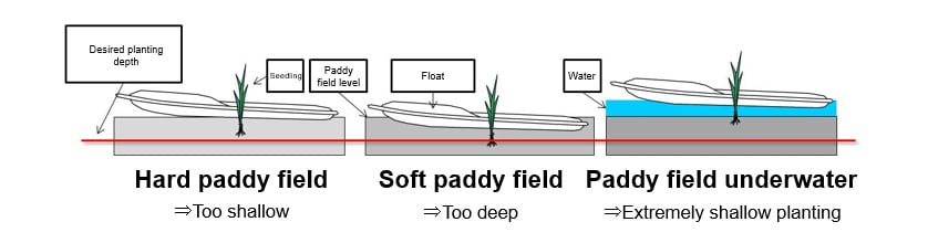 Fig. 4 Effect of Paddy Field Conditions on Level of Float Relative to Paddy Field and Resulting Planting Depths