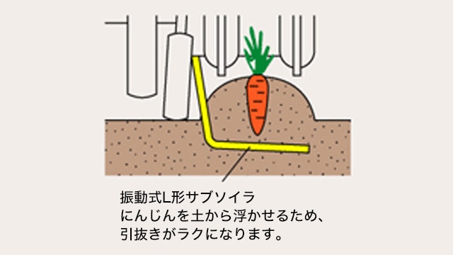 振動式L形サブソイラ にんじんを土から浮かせるため、引抜きがラクになります。